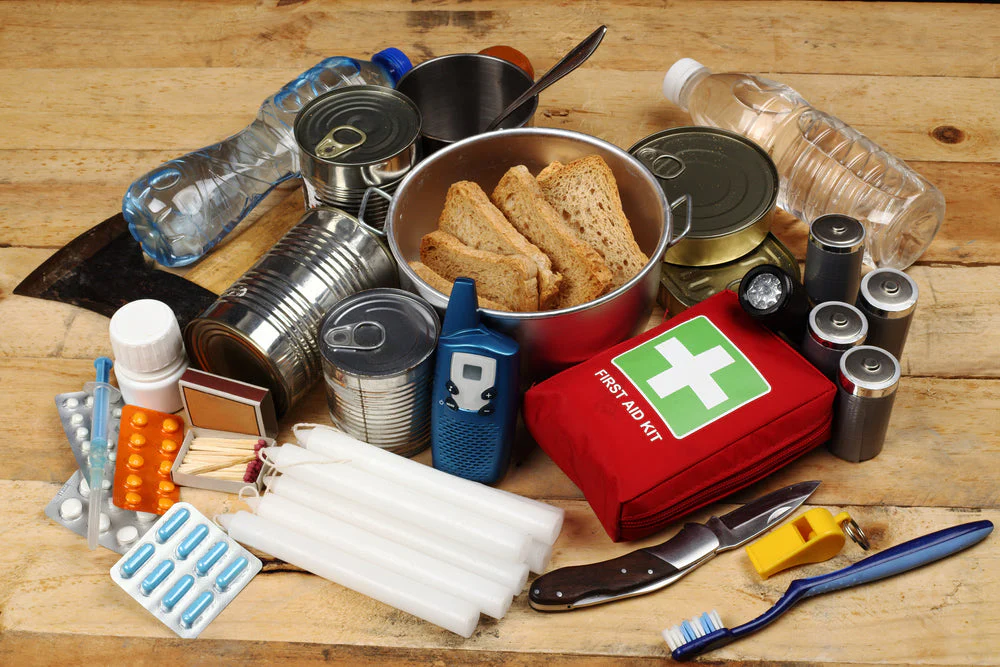 Emergency kit including pot and food on a table