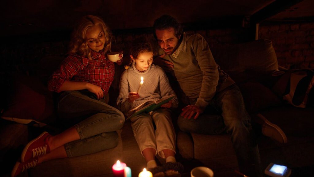 family reading book by candle light during power outage